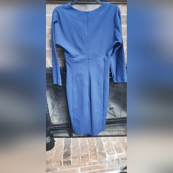PIAZZA SEMPIONE Blue Ponte Knit Surplice Slim Sheath Midi Dress Size IT. 40 - Picture 4 of 11